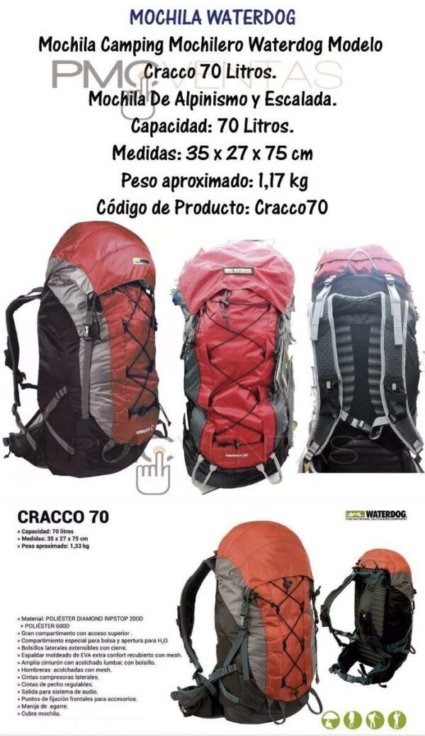 Mochila 70 Litros Mochilero Camping Waterdog Modelo Cracco