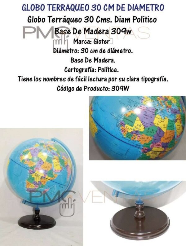 Globo Terráqueo 30 Cms. Diam Politico Base De Madera 309w