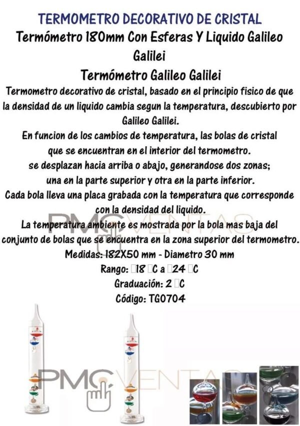 Termómetro 180mm Con Esferas Y Liquido Galileo Galilei