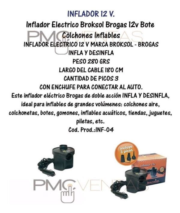 Inflador Electrico Broksol Brogas 12v Botes Inflables Colcho