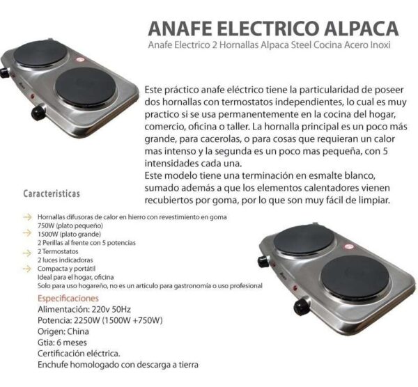 D_648142-MLA31123655877_062019-F.jpg Anafe Electrico 2 Hornallas Alpaca Steel Cocina Acero Inoxi