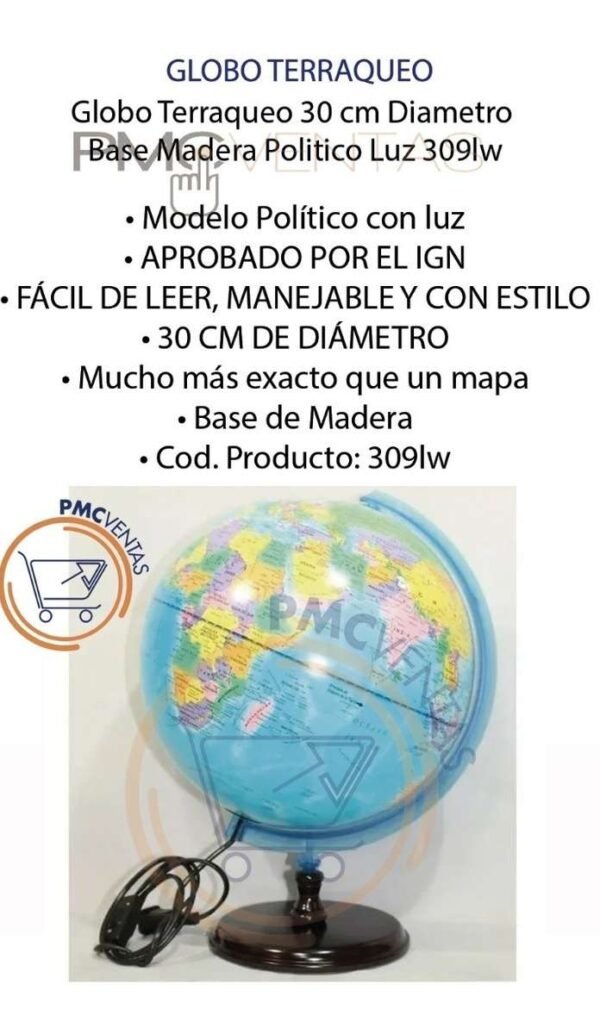 Globo Terraqueo 30 Cm Diametro Base Madera Politico Luz