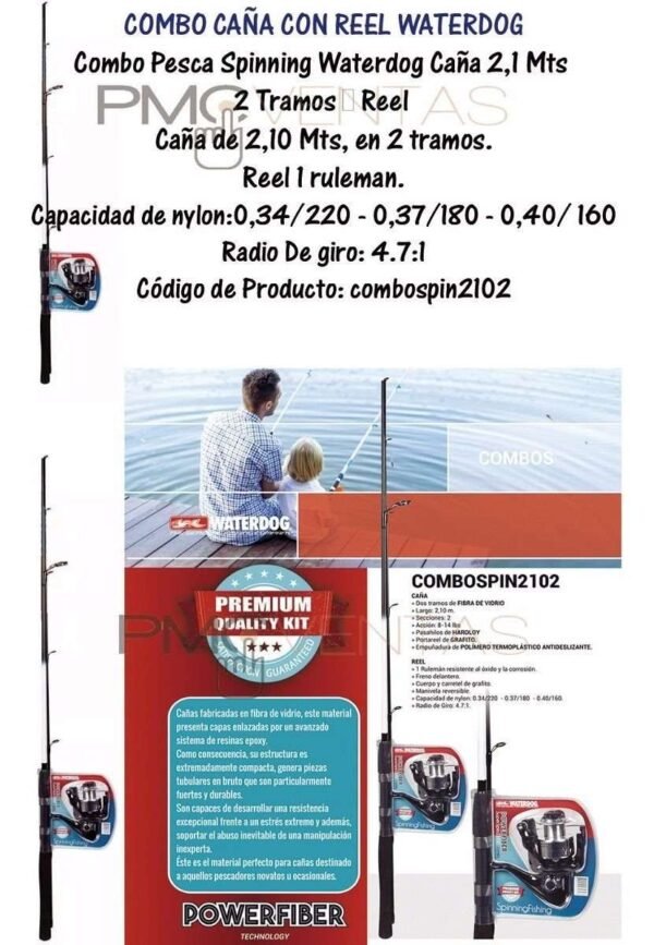 Equipo Pesca Spinning Waterdog Caña 2,10m Reel Pesca Variada