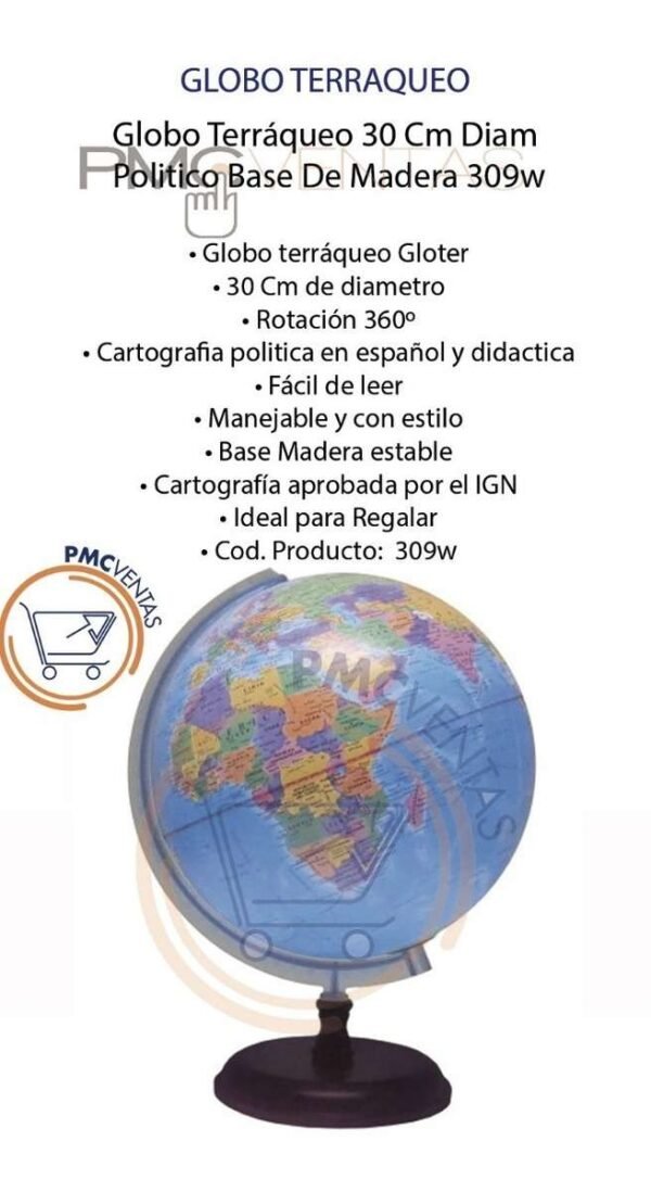 Globo Terráqueo 30 Cms. Diam Politico Base De Madera 309w