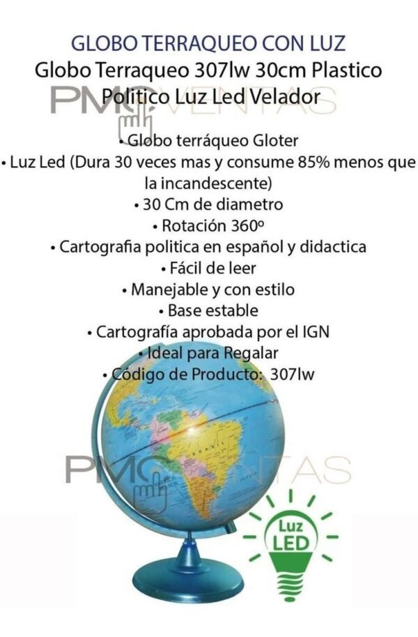 Globo Terraqueo 307lw 30cm Plastico  Luz Led Velador Local