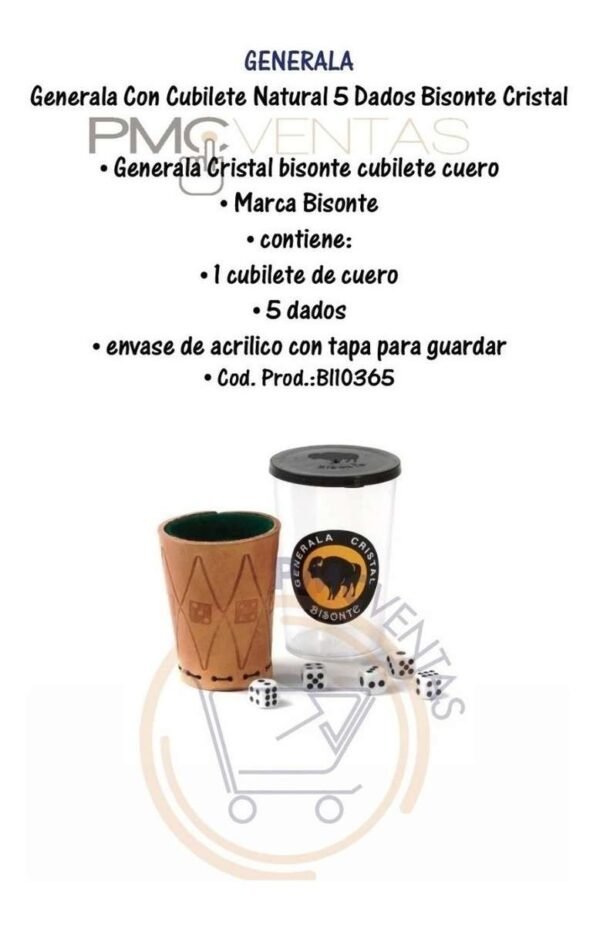 Generala Cubilete Natural Con 5 Dados Bisonte Cristal Local