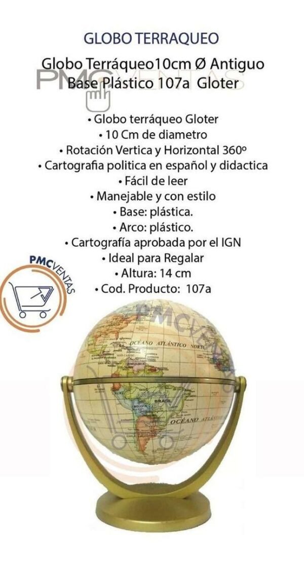 Globo Terráqueo 10cm Antiguo Base Plástico 107a Gloter Local