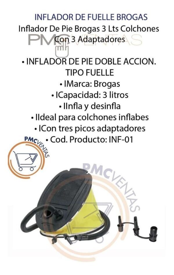 Inflador De Pie Brogas 3 Lts Colchones Con 3 Adaptadores