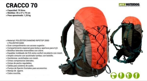 Mochila 70 Litros Mochilero Camping Waterdog Modelo Cracco
