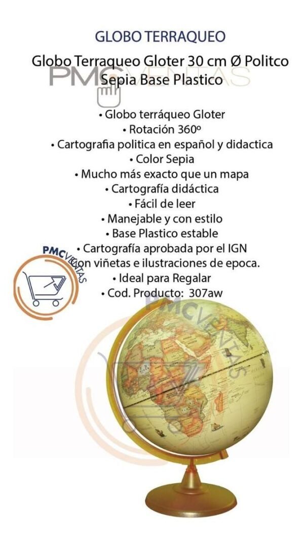 Globo Terraqueo Gloter 30 Cm Ø Politco Sepia Base Plastico