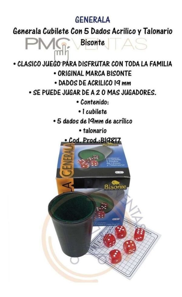 Generala Cubilete Con 5 Dados Acrilico Y Talonario Local