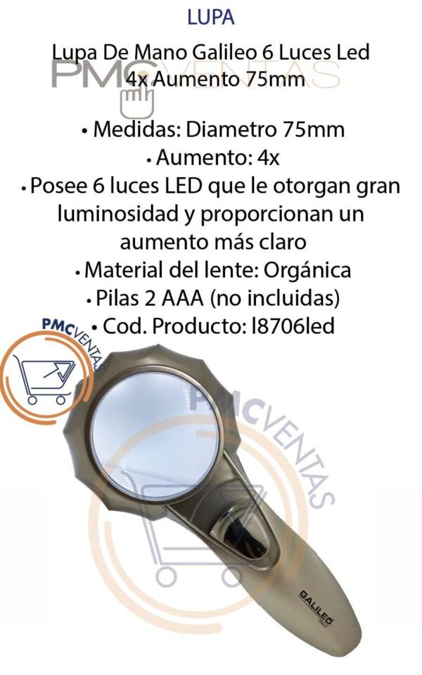 Lupa De Mano Galileo 6 Luces Led 4x Aumento 75mm Diametro