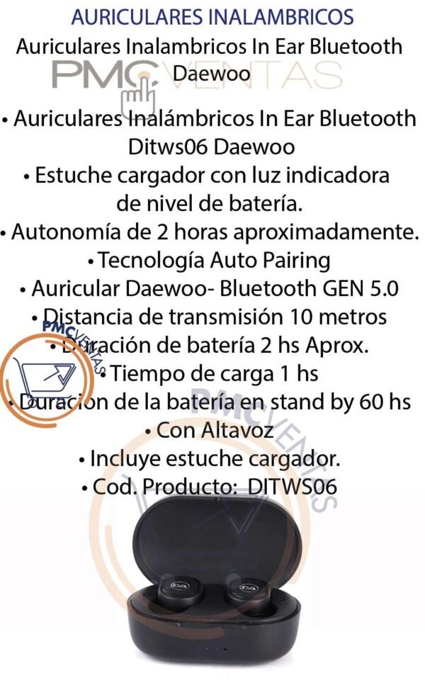 Auriculares Inalambricos In Ear Bluetooth Daewoo Cargador