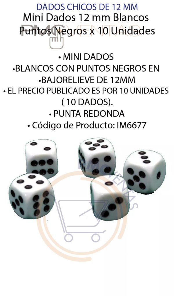 Mini Dados 12 Mm Blancos Puntos Negros X 10 Unidades Redonda