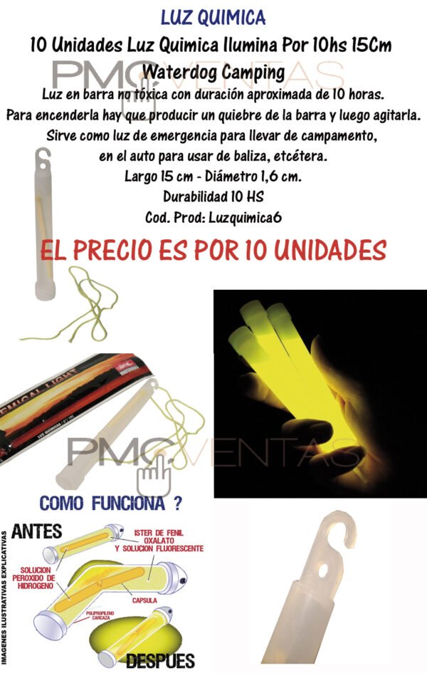 10 Unidades Luz Quimica Ilumina 10hs 15cm Waterdog Linterna