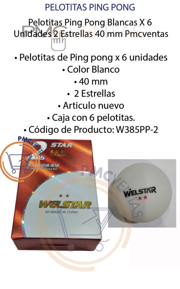 Pelotitas Ping Pong X 6  Unidades 2 Estrellas 40 Mm Blancas