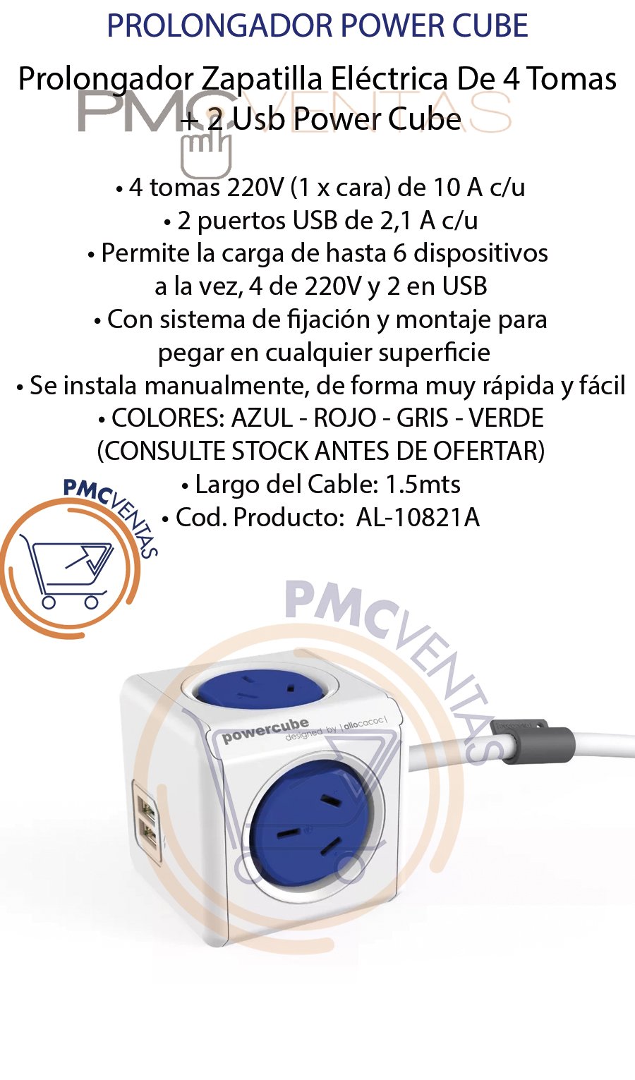 Prolongador Zapatilla Electrica De 4 Tomas 2 Usb Power Cube - Imagen 2