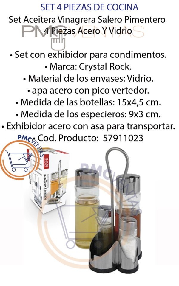 Set Aceitera Vinagrera Salero Pimentero 4 Pzas Acero Vidrio