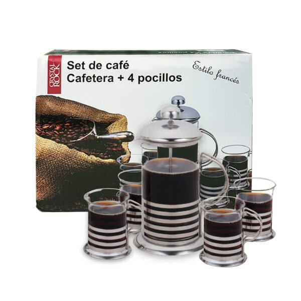 Set de café Crystal Rock con caja Set de café Crystal Rock con cafetera de émbolo y 4 pocillos delante de su caja