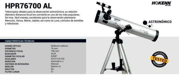 telescopio HPR76700AL 5 Telescopio Reflector Hokenn Hpr 76700 - 76x700 Astronomico