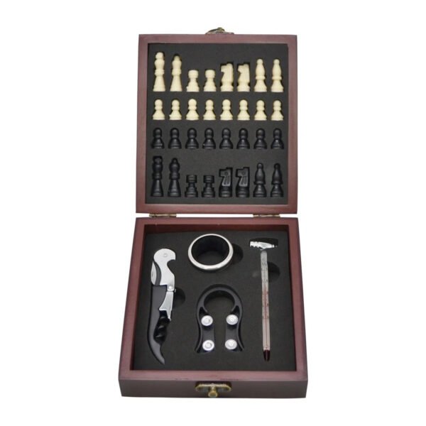 Set De Vino Con Juego Ajedrez Caja Madera Sacacorchos