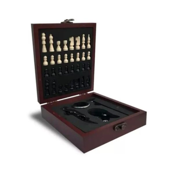 Set De Vino Con Juego Ajedrez Caja Madera Sacacorchos