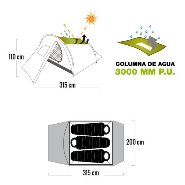 Carpa Camping 3 Personas Viaje Mosquitero Waterdog Norway