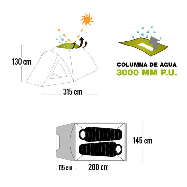 Carpa 2 Personas Trekking Camping Alero Mosquitero Waterdog Ona