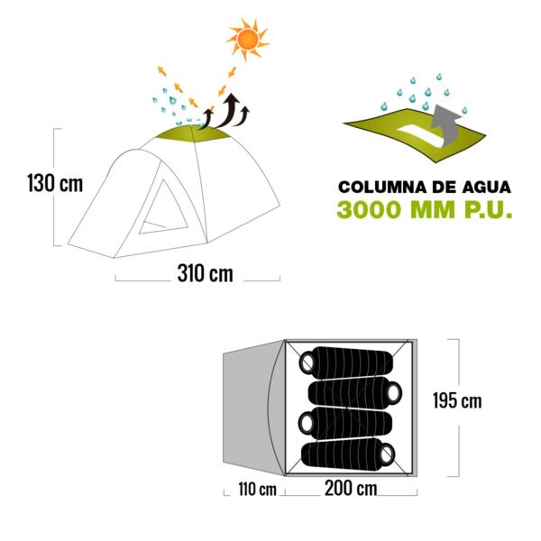 carpa sahara IV 1 Carpa Camping 4 Personas Impermeable 3000 mm Waterdog Sahara