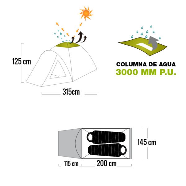 Carpa Camping Trekking Viaje 2 Personas Impermeable 3000 mm Waterdog Sahara