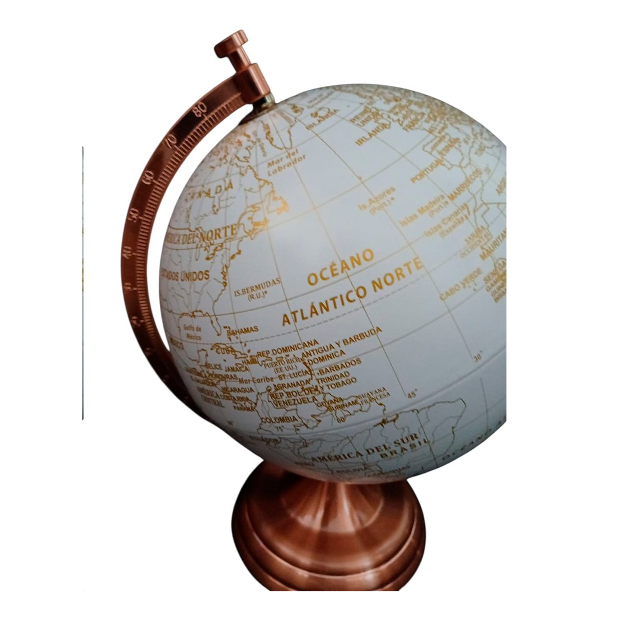 Globo Terraqueo 20 cm Base Metalica Mapa Dorado Blanco - Imagen 4