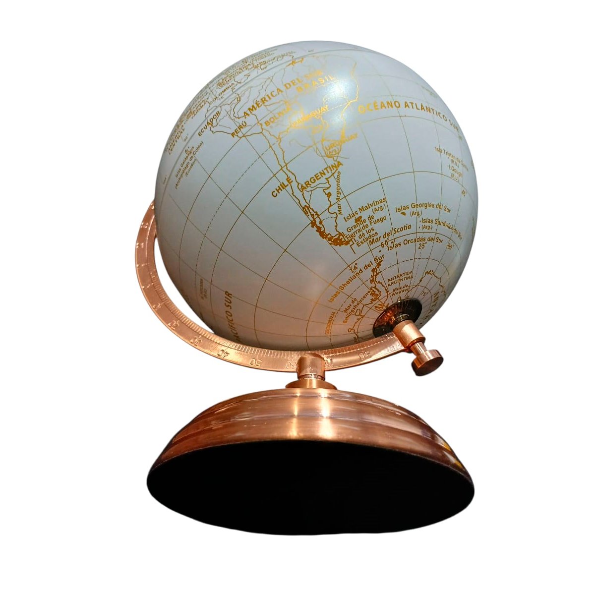 Globo Terraqueo 20 cm Base Metalica Mapa Dorado Blanco - Imagen 5