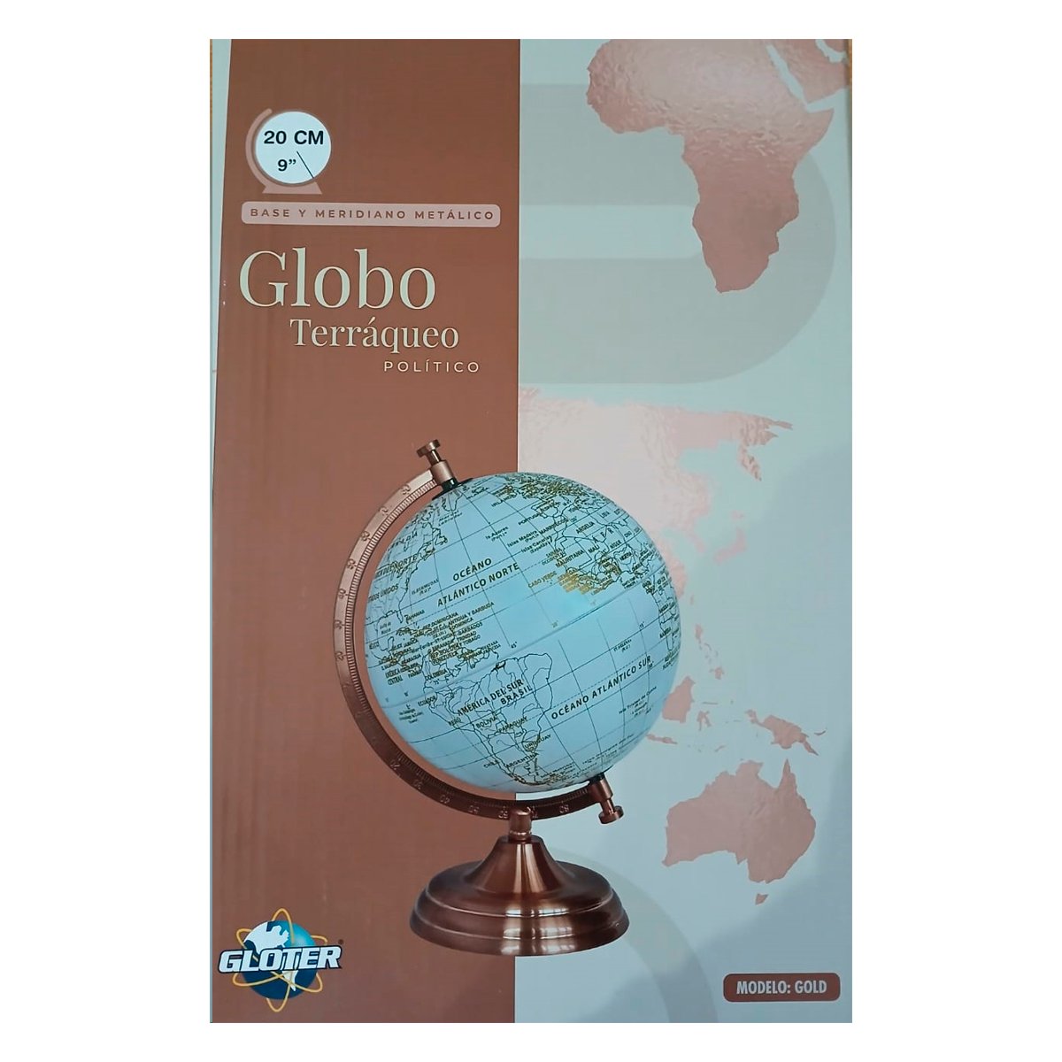 Globo Terraqueo 20 cm Base Metalica Mapa Dorado Blanco - Imagen 3