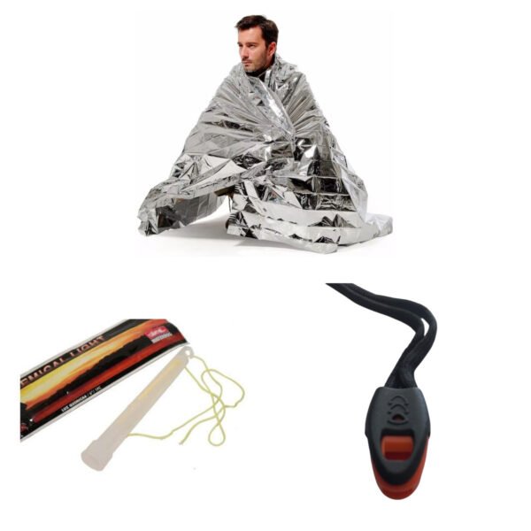 Combo Manta Termica Supervivencia + Luz Quimica + Silbato Emergencia