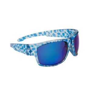 Anteojos polarizados Kunnan K5133 - perfil Anteojos de sol polarizados Kunnan K5133 con armazón transparente y azul y lente azul revo, vista en diagonal