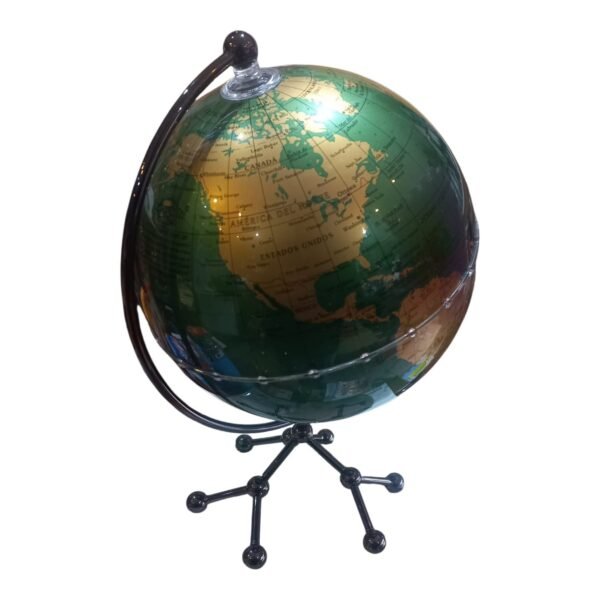 Globo terráqueo Gloter de 20 cm visto en ángulo sobre su base de metal, con América del Norte al frente