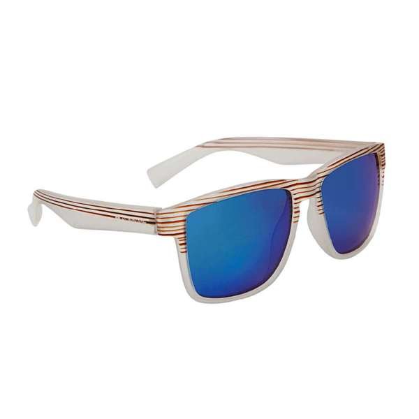 Anteojos de sol polarizados Kunnan K5189 con armazón transparente con franjas marrones y lente azul revo, vista lateral