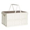 Canasto plegable blanco con tapa de madera y manijas