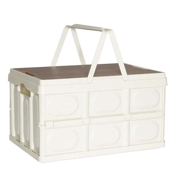 Canasto plegable blanco con tapa de madera y manijas