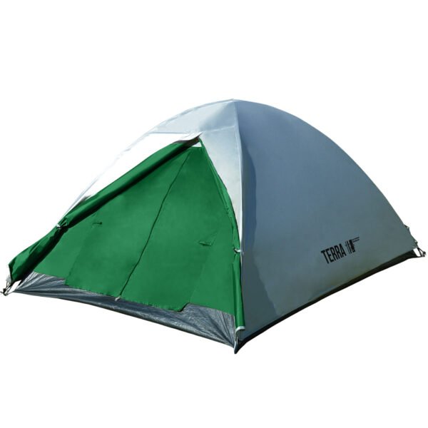 Carpa Waterdog Terra con puerta abierta Carpa Waterdog Terra con la puerta verde abierta y enrollada