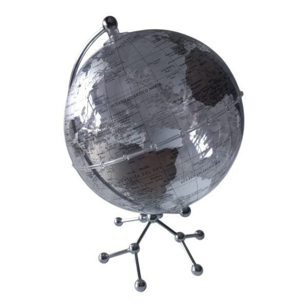 Globo terráqueo Gloter Tokio vista lateral Vista lateral del globo terráqueo Gloter Tokio transparente con base de metal cromado
