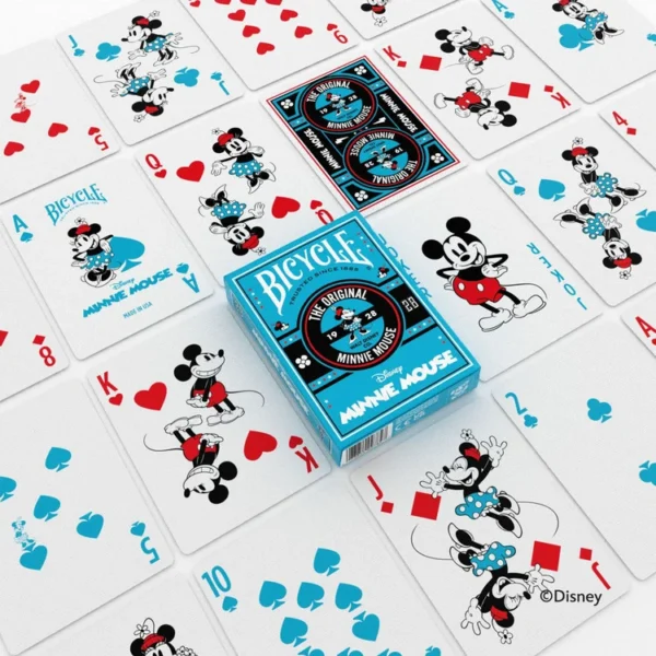 Cartas Bicycle Minnie Mouse desplegadas junto a su estuche