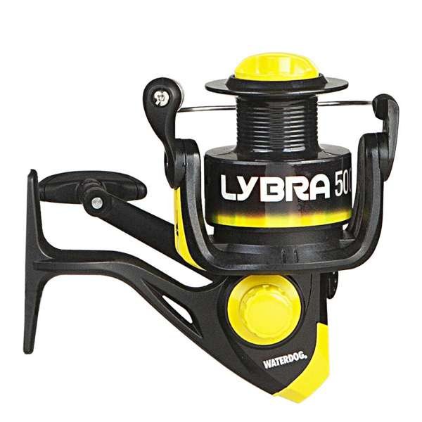 Reel frontal Waterdog Lybra 5001 amarillo, vista lateral